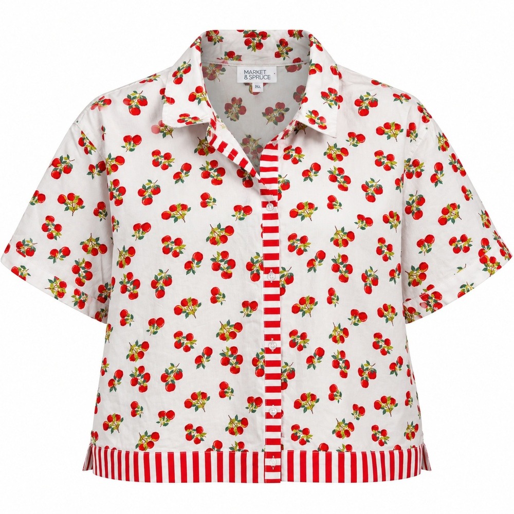 Market & Spruce Court Boxy Crop Cotton Shirt White Red Cherry Print XXL NWT - Picture 2 of 8